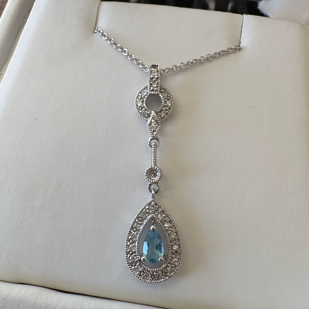 Elegant Diamond and Blue Teardrop Pendant Necklace - stamped 14K